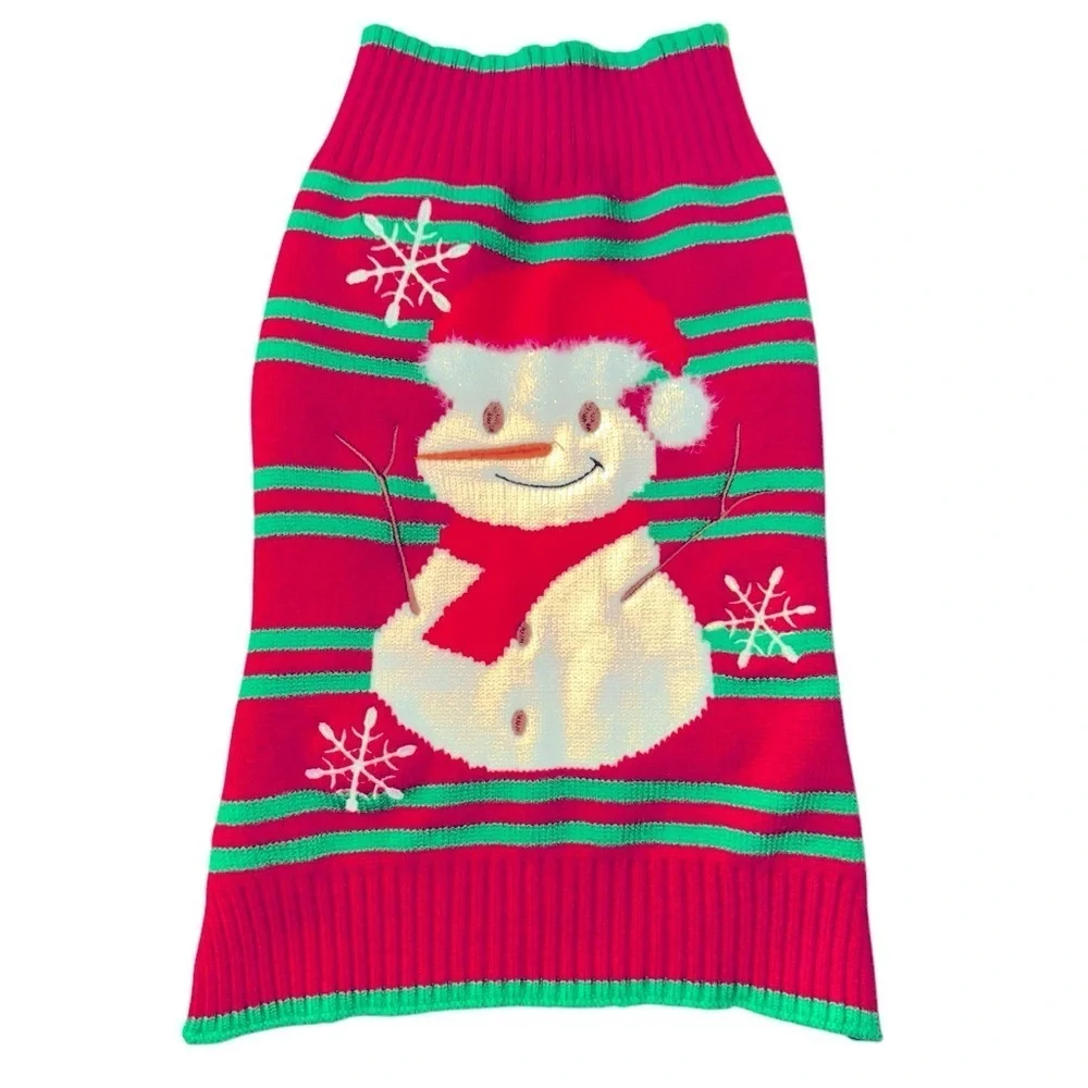 Festive Snowman Dog Sweater Medium 7x13 Red Green Holiday Knit Pet Outfit